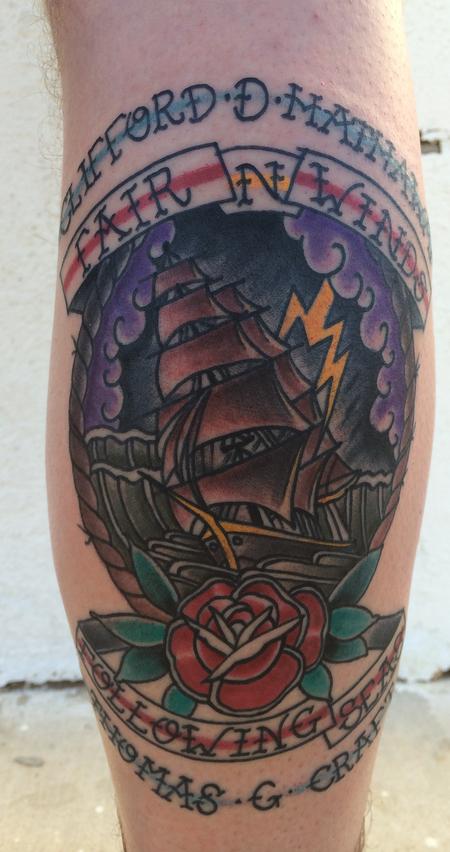 Mike Riedl - traditional color ship with rose tattoo. Art Junkies Tattoo Mike Riedl